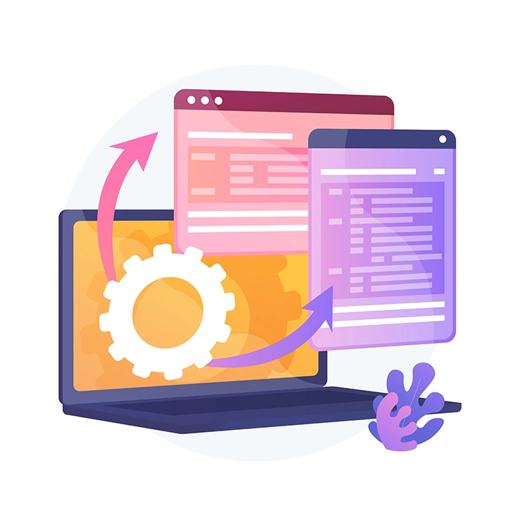 Laptop with a gear icon and two document windows with arrows showing data exchange between systems or platforms