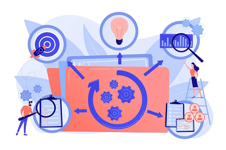 Team managing a cyclic workflow with target, idea, analytics and checklist icons showing a continuous optimization process