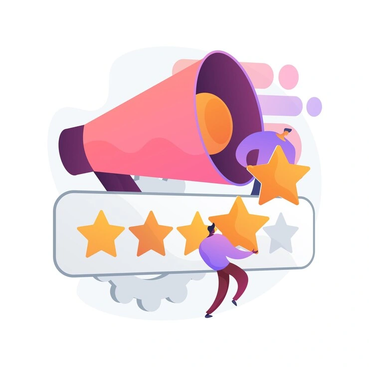 Person placing a fourth star into a rating bar next to a megaphone, showing active work on improving business review score
