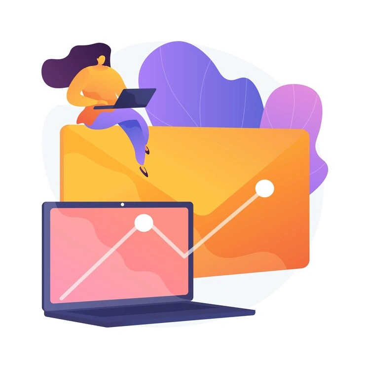 Marketer reviewing a growth chart on a laptop next to an email icon, representing email analytics and performance tracking