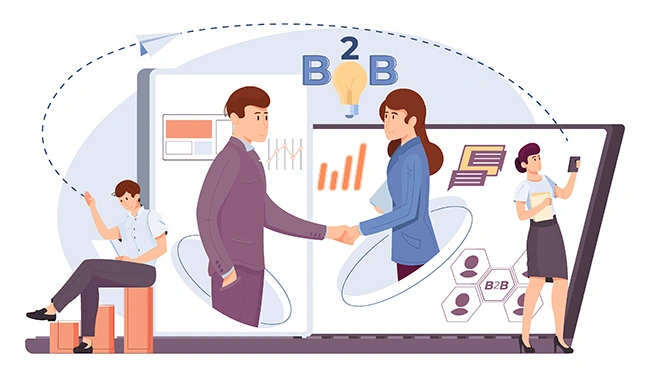 B2B handshake through a laptop screen surrounded by analytics icons, representing behavioral insights used to build an ideal customer persona