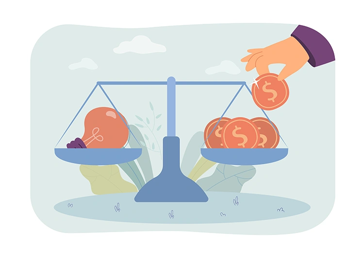 Scale balancing a lightbulb against coins with a hand adding more, representing the tradeoffs between manual and automatic bid strategies in Google Ads