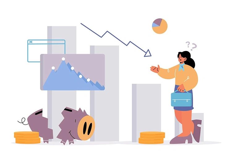 Illustration of a confused marketer next to a falling chart and broken piggy bank, representing the risk of budget overruns from aggressive automatic bidding changes in Google Ads