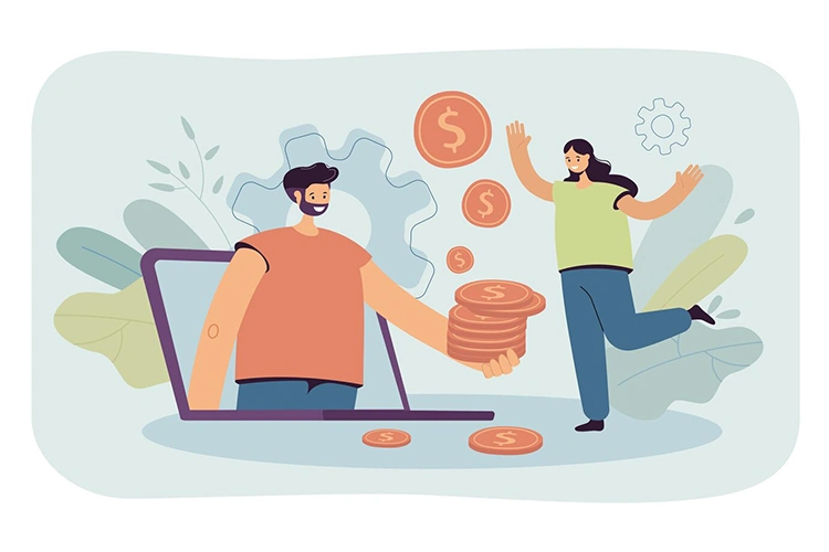 Illustration of a person handing coins out of a laptop screen to another person, representing automated bid strategies that optimize campaign ROI based on algorithm analysis
