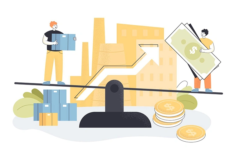 Two people balancing product boxes and money on scales with a growth chart in the background