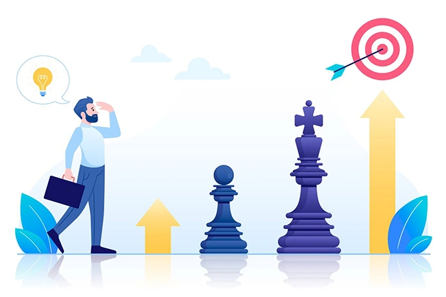 Businessman with a briefcase looking at chess pieces and a target with an arrow, planning a brand awareness strategy