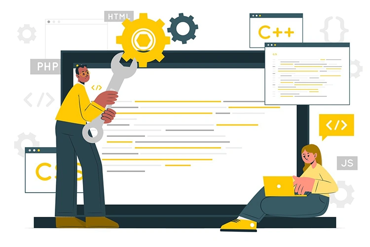 Two developers configuring website code with a wrench and laptop among HTML, PHP, JavaScript and C++ tags