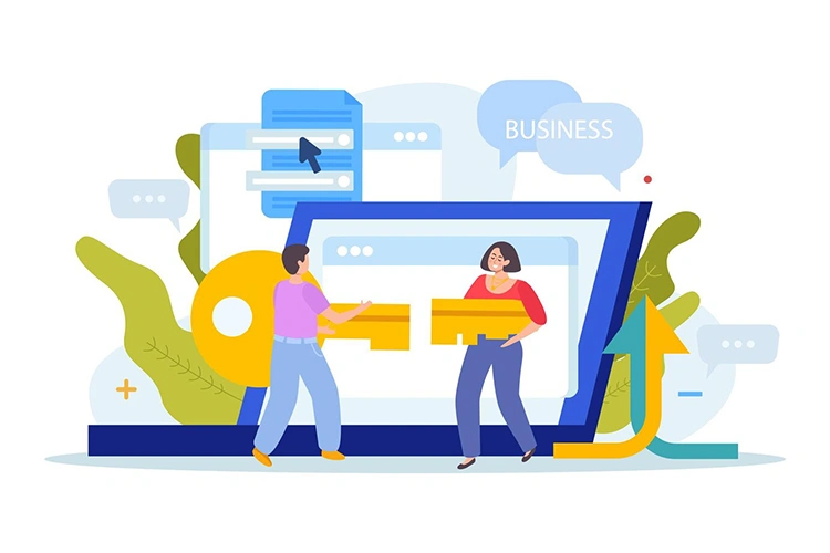 Two people connecting golden keys in front of a laptop screen with a business chat bubble, showing access to business tools