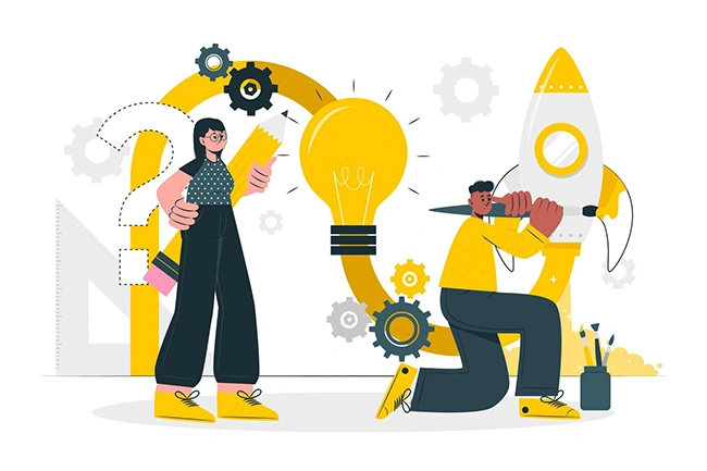 Creative brainstorming and brand launch idea development process Two people with a light bulb idea and a rocket, generating creative concepts for a brand launch campaign
