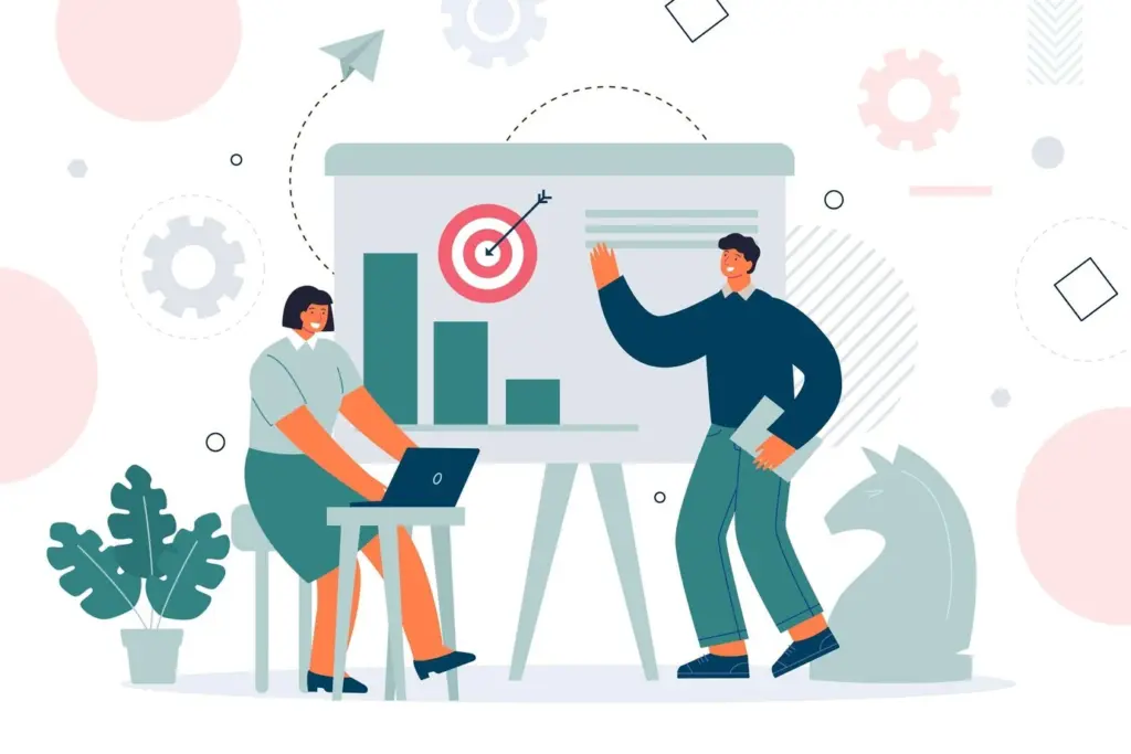 Marketing strategy planning with target goals and chess knight Two people planning a marketing strategy at a board with a bar chart, target and chess knight representing strategic thinking