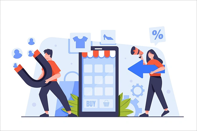 Two people attracting customers with a magnet and megaphone toward a mobile store app with clothing and a buy button