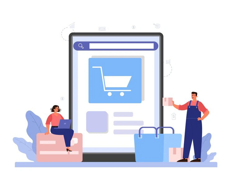 Woman with a laptop and man holding a product box next to a large tablet showing an online store page with a shopping cart