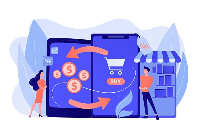 Two people exchanging money and cart icons between a smartphone and a physical store, showing online to offline purchase flow