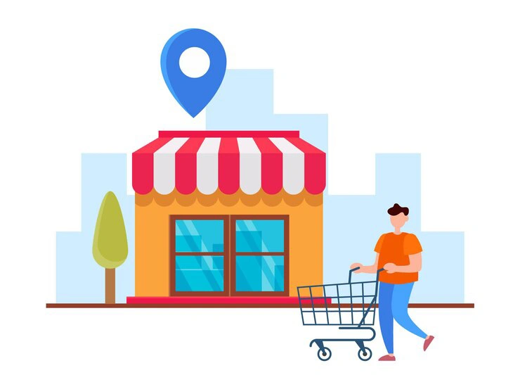Illustration of a customer with a shopping cart approaching a local store with a location pin, representing Google Maps ads driving foot traffic to offline businesses