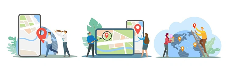 Illustration of people interacting with maps on a phone, tablet, and globe, representing the different ways users engage with Google Maps ads to generate conversions