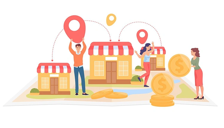 Illustration of people placing location pins on a map near storefronts with coins, representing how Google Maps ads attract customers to local businesses