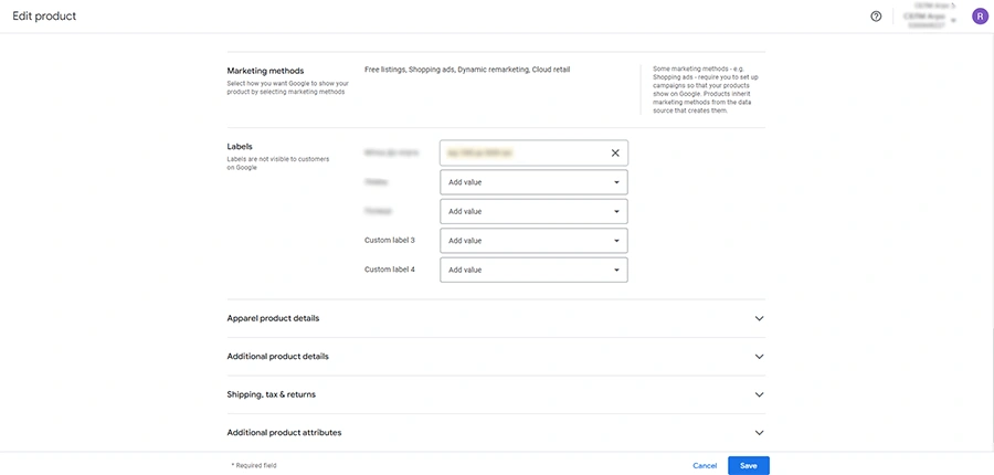 Edit product screen showing the five Custom label fields used to categorize a product