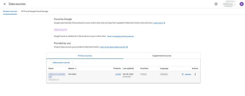 Data sources tab in Merchant Center Next where marketers locate the feed to create label rules
