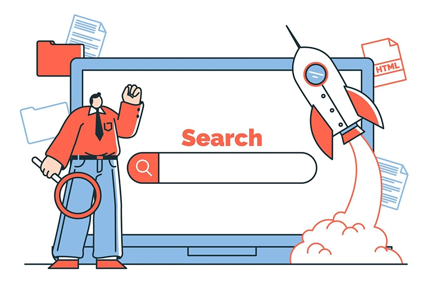 Illustration of a marketer with a magnifying glass next to a search bar and a rocket launching with HTML files, representing the setup of a URL page feed for Dynamic Search Ads