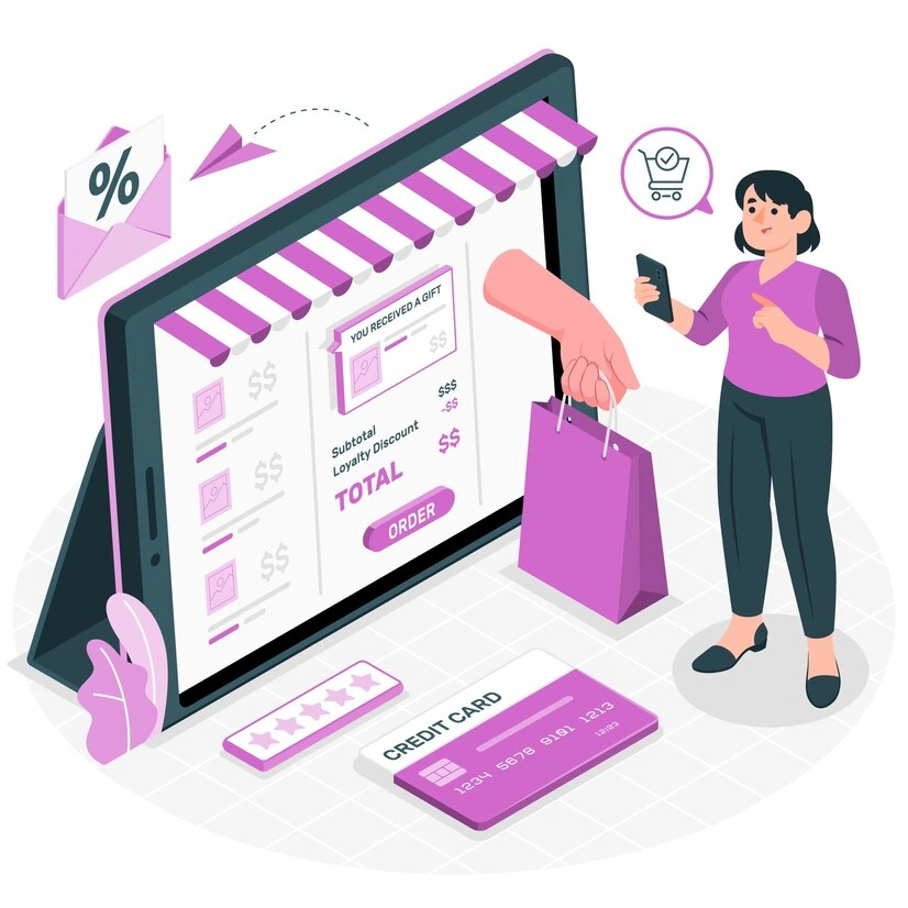 Illustration of a woman placing an order on an ecommerce product page with a credit card nearby, representing DSA driving conversions to product landing pages with negative keyword protection