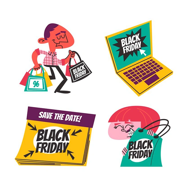 Colorful Black Friday sticker set showing a shopper with bags, laptop with deals, save the date card and happy customer