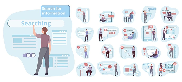 Person searching online with multiple search scenarios including voice, music, news and clothes search on various devices