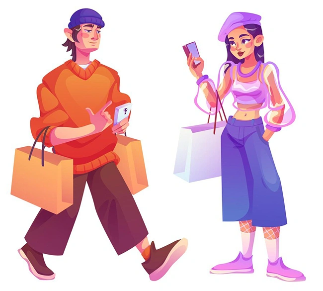 Two young shoppers walking with bags and smartphones, representing mobile-first buying behavior during Black Friday