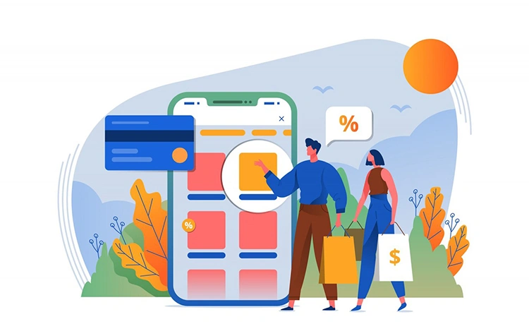 Illustration of two people browsing a mobile app with discount and payment icons, representing user competition for top app store positions