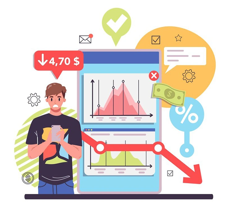 Illustration of a person tracking dropping ad metrics and cost indicators on a phone, representing the need for efficient Google Ads management for mobile apps