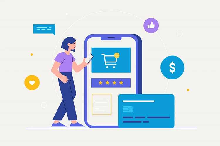 Illustration of a woman using a mobile shopping app with star ratings and a payment card, representing PPC metrics tracking for app advertising campaigns