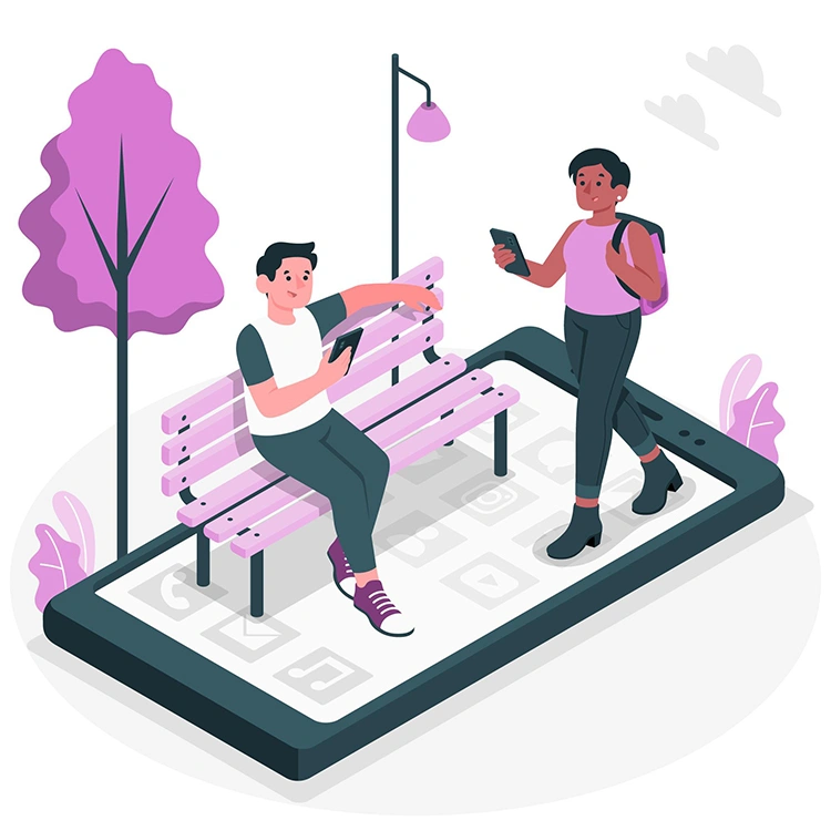 Illustration of two people using smartphones while standing on a giant phone screen, representing active mobile app users targeted by optimized ad campaigns