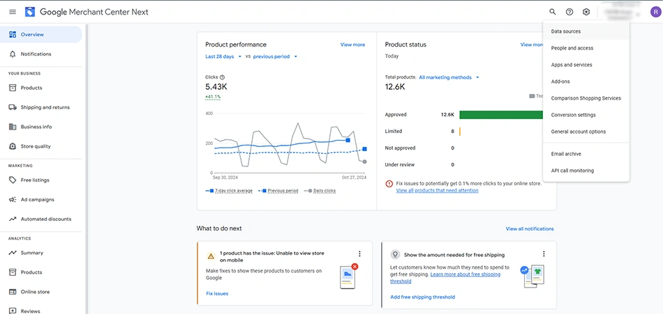 Merchant Center Next dashboard showing product performance and status before adding a Custom label