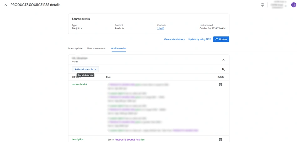 Attribute rules panel in Merchant Center Next showing conditions used to set a Custom label 0