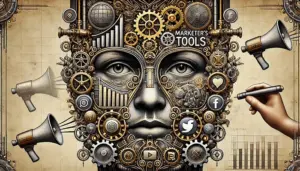 Steampunk-style face built from marketing tools and social media icons, representing the complex toolkit needed to identify a target audience