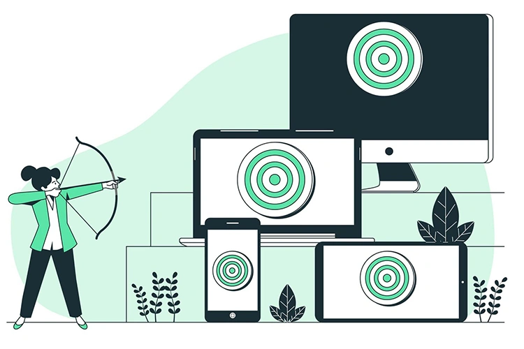 Illustration of a person aiming at targets on a desktop, tablet, and smartphone, representing device targeting across Google Ads and TikTok Ads