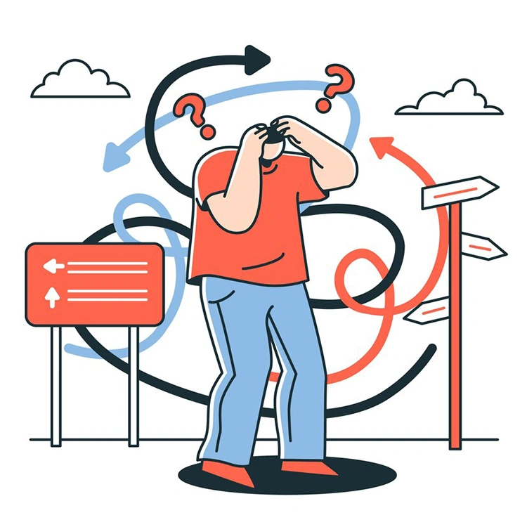 Illustration of a confused person surrounded by arrows and road signs, representing the challenge of choosing the right targeting type for a local or broad PPC campaign