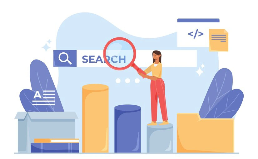 Illustration of a person holding a magnifying glass over a search bar, representing keyword targeting in Google Ads and Bing Ads