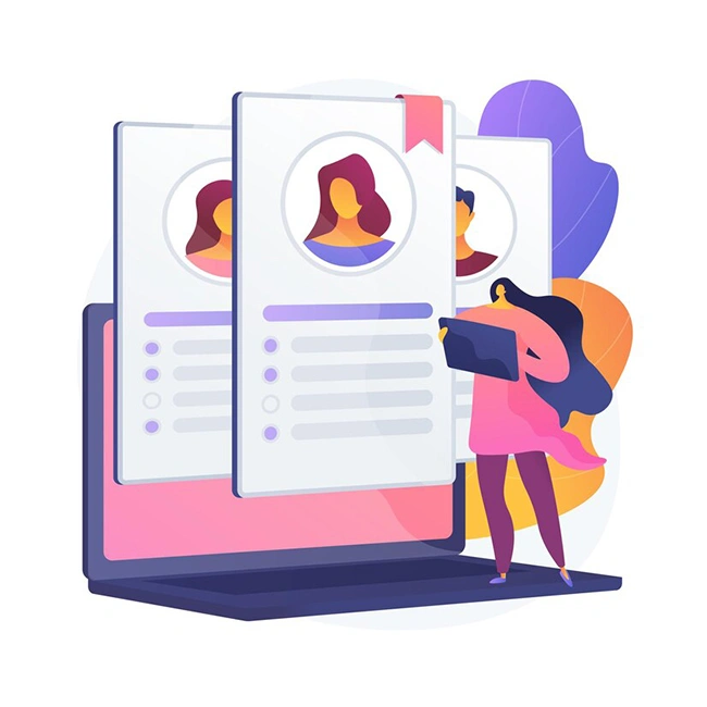 Illustration of a person reviewing customer profile cards on a laptop, representing the process of defining a target audience by demographics and behavior