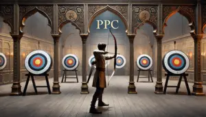 Archer aiming at multiple targets in an ornate hall labeled PPC, representing the challenge of choosing the right targeting strategy in paid advertising
