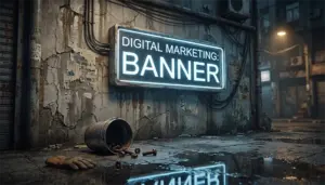 A glowing digital marketing banner sign on a gritty urban wall representing the evolution of outdoor advertising into Google Display Network banner ads