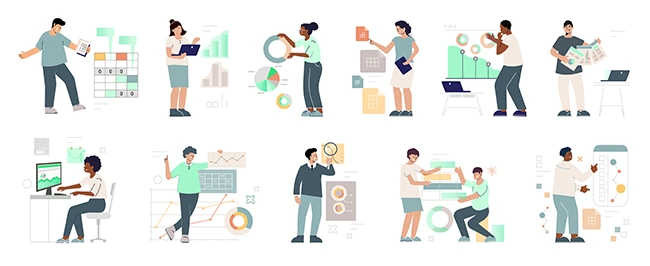 Set of illustrated professionals analyzing charts, data, and campaign metrics representing the range of PPC optimization tasks that drive results regardless of budget size