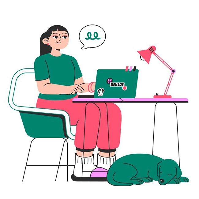 Illustration of a woman working on a laptop with a dog sleeping nearby representing a small business owner managing PPC campaigns independently on a limited budget