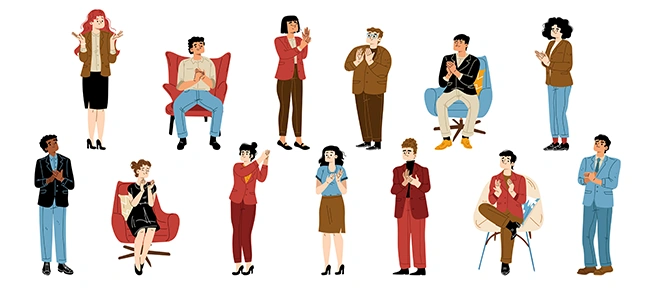 Illustrated group of diverse people in various poses representing the wide range of audience segments that PPC campaigns can target regardless of budget size