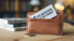 A leather wallet with a card labeled PPC Advertising But On A Budget representing the idea that small ad budgets can still deliver strong PPC results