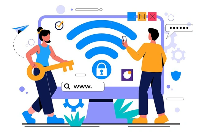 Two people with a golden key and smartphone securing a Wi-Fi connection on a monitor with a lock icon and browser search bar