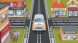 An illustrated car labeled Local Marketing driving through a neighborhood street lined with a barbershop, pharmacy, and dentistry clinic, introducing the article's premise that hyperlocal PPC campaigns help small offline businesses capture nearby customers who are already ready to convert