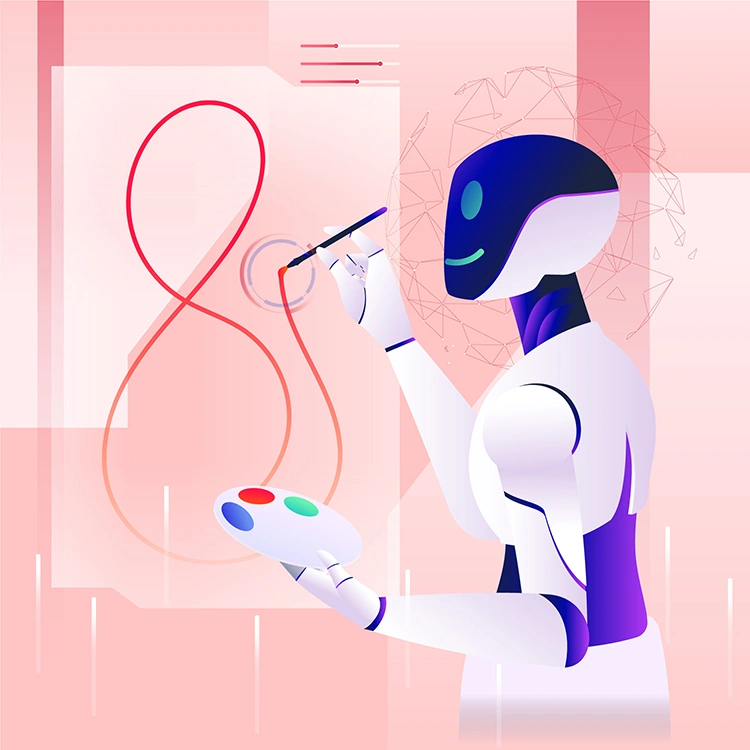 AI robot holding a color palette and painting on a digital canvas, representing AI-generated creative assets for Meta ad campaigns