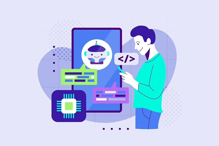Man chatting with an AI chatbot on a smartphone with code tags and a microchip icon, showing AI-assisted Meta ad campaign management