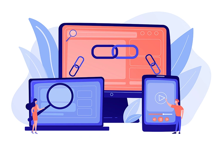 Illustration of chain links across desktop, laptop, and mobile screens representing the cross-platform linking strategy behind remarketing campaigns that reconnect with users on every device