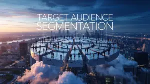 A circular platform split into distinct segments with different groups of people standing on each section above a city skyline, labeled Target Audience Segmentation, introducing the article's premise that dividing total ad audiences into precise groups improves relevance and reduces wasted PPC spend